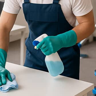 Person cleaning a table with spray