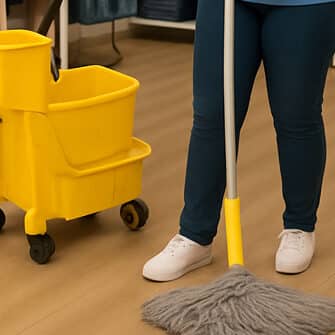 Person mopping floor with cleaning cart